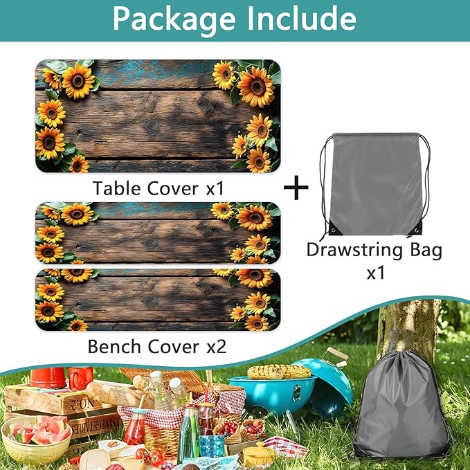 Picnic Table Cover with Bench Covers Wood Sunflower Flowers Wooden Floral Waterproof Windproof Fitted Outdoor Tablecloth with Elastic Rectangle Table Cloth Camping Accessories,96x30 Inch