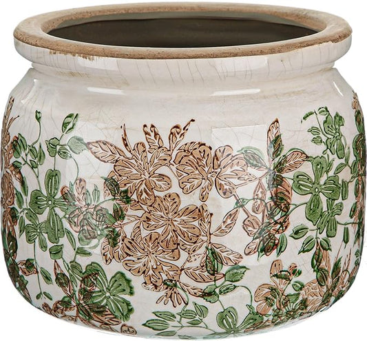 7.7" Large Ceramic Plant Pot Pink Green Vintage Hibiscus Crackle Glaze Rustic Flowers Pot Decorative Planter with Drainage for Indoor Outdoor Plants Home Kitchen Office Decor Gift