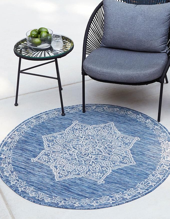 Unique Loom Outdoor Traditional Collection Area Rug - Antique (10' Round Blue/Ivory)