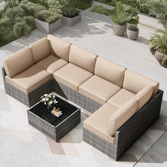 Patio Cushions for Outdoor Furniture,Water-Resistant Outdoor Cushions for 6 Seat Outdoor Sectinal,25.3"×25.3" Deep Seat Sofa Cushions, 14-Piece Outdoor Couch Cushions,Khaki