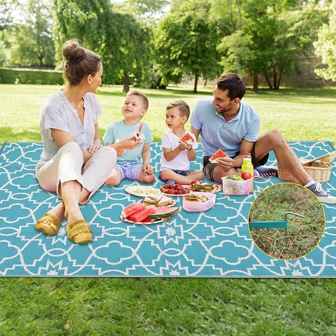 GAOMON Large Outdoor Camping Rug 9x18 Geometric Floral Reversible Outdoor Carpet, Foldable Modern Plastic Straw Patio Rug, Portable Outside Floor Mats for Porch, Beach, Balcony, Teal/White(Floral)