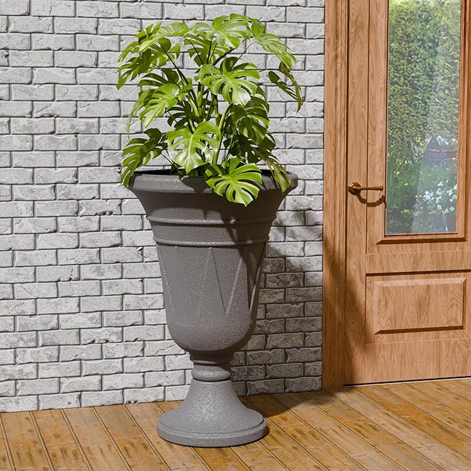 23.6" Tall Plastic Urn Planters for Outdoor Plants, Set of 2 Heavy-Duty Classic Indoor Large Flower Pots with Drainage Holes & Trophy Design, Outdoor Planters for Porch, Home Garden, Dark Grey