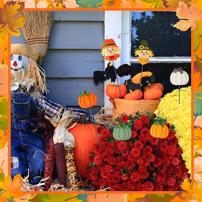 6 Pcs 12'' Thanksgiving Garden Stakes Pumpkin Scarecrow Maple Leaves Fall Metal Yard Sign Yard Stakes Outdoor Thanksgiving Decorations for Planter Lawn Patio Walkway Porch(Cute Style)