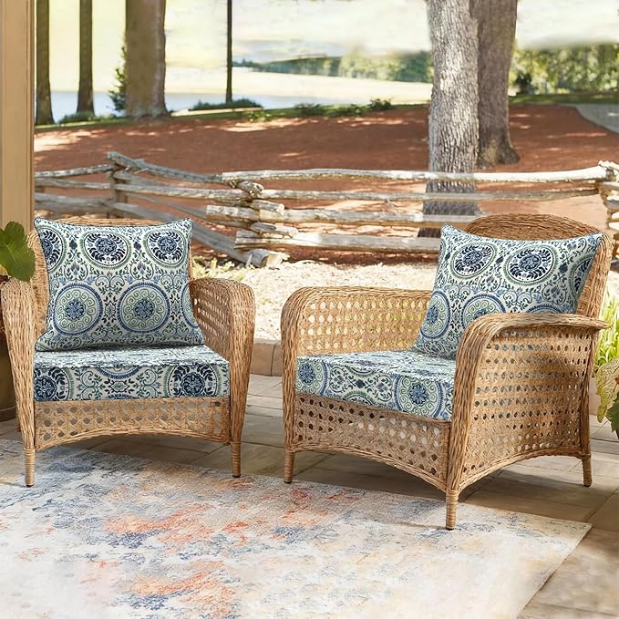 Outdoor Deep Seat Cushion Set, Water Repellent 24"x24" Patio Thick Cushions Replacement with Seat & Back Pillow for Patio Sofa, Wicker Chair, Couch - Wreath Blue