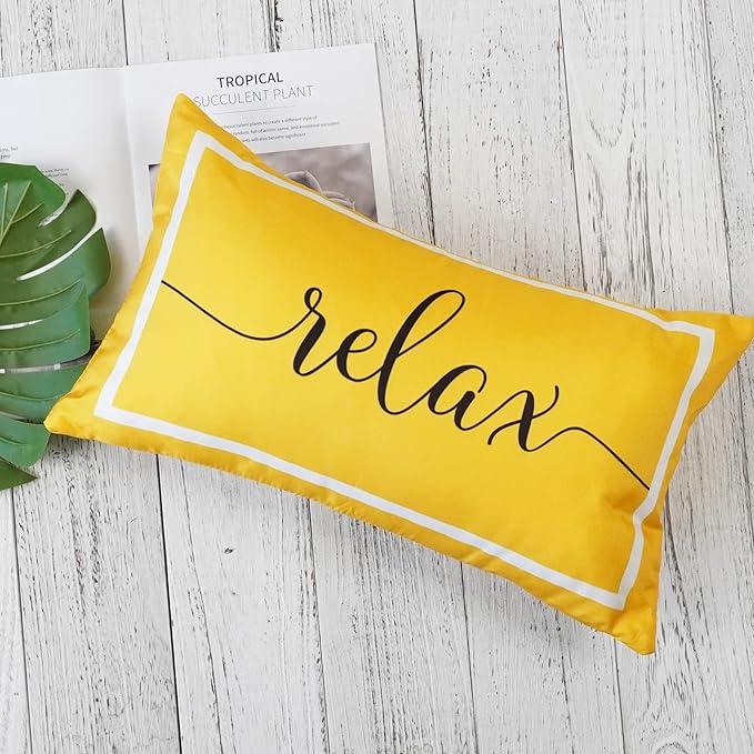 ONWAY Outdoor Waterproof Throw Pillow Covers 12x20 Set of 2 Yellow and White Relax Decorative Pillowcase for Patio Furniture Garden Couch Tent Balcony