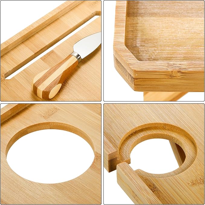 Kingrol Bamboo Wine Picnic Table with Wine Bottle, Glass and Cheese Knife Holder - for Park Camping Beach Outdoor Snack, Wine Lover Gift, Foldable and Portable, 16.1 x 12.5 x 6 Inch