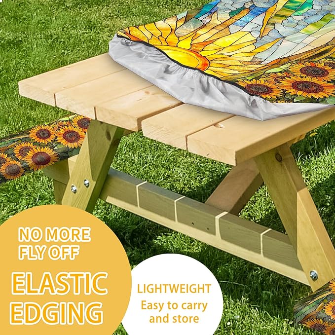 Picnic Table Cover with Bench Covers 72IN 6FT, Camping Essentials Tablecloth Waterproof Oilproof with elastic Edge for Indoor Outdoor Patio (Sunflower Sun)
