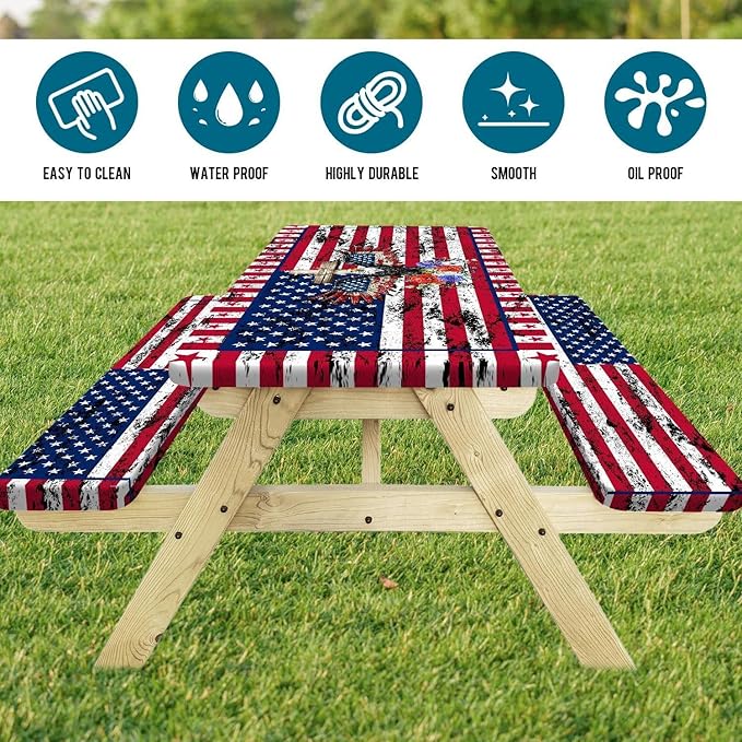 Picnic Table Cover with Bench Covers Elastic Edges, American Flag Eagle Fitted Table Cover, Camping Outdoor Patio Essentials 96 Inch 3PCS Fitted Tablecloth with Drawstring Bag