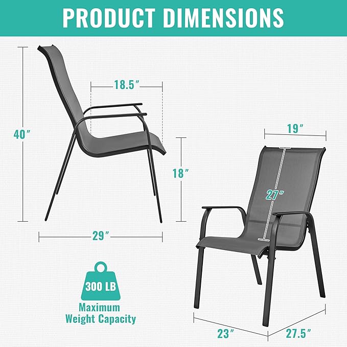 Yaheetech Patio Chairs Set of 2, Dining Chairs with Breathable Fabric and Heavy-Duty Iron Frame for Lawn, Backyard, Deck, 300 lbs Capacity, Gray