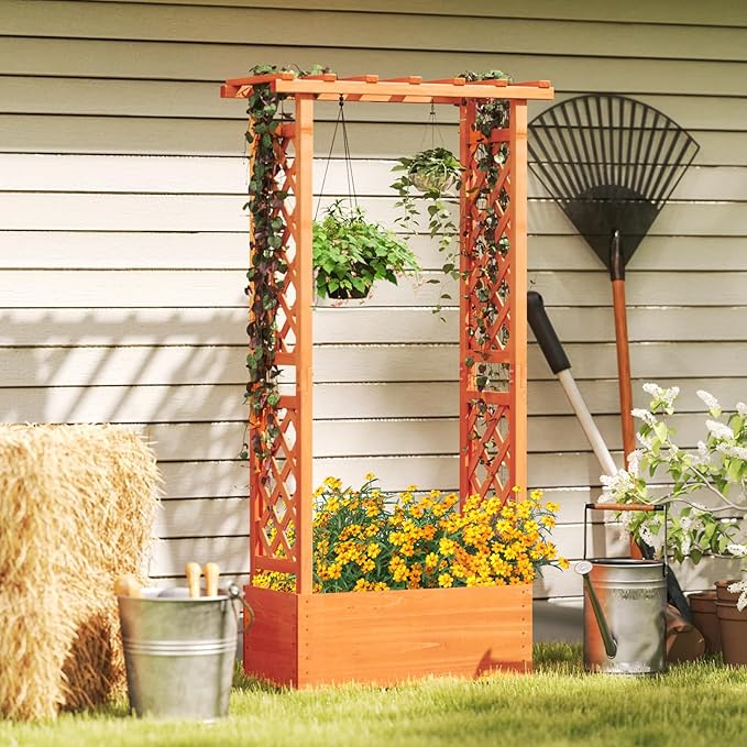 S AFSTAR Raised Garden Bed with Trellis, 2 Pieces Wood Planter Box with Hanging Roof & Drainage Holes for Climbing Plants, Vines, Flowers & Vegetables, Indoor Outdoor Plant Container for Patio & Yard