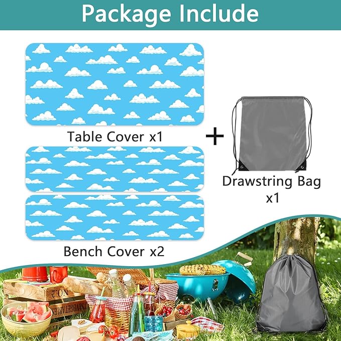 Picnic Table Cover with Bench Covers and Bag, Outdoor Waterproof Windproof Tablecloth with Elastic Edges, Camping Accessories RV Gear Campers 3 Pcs Set, 96X30in Blue Sky Cloud