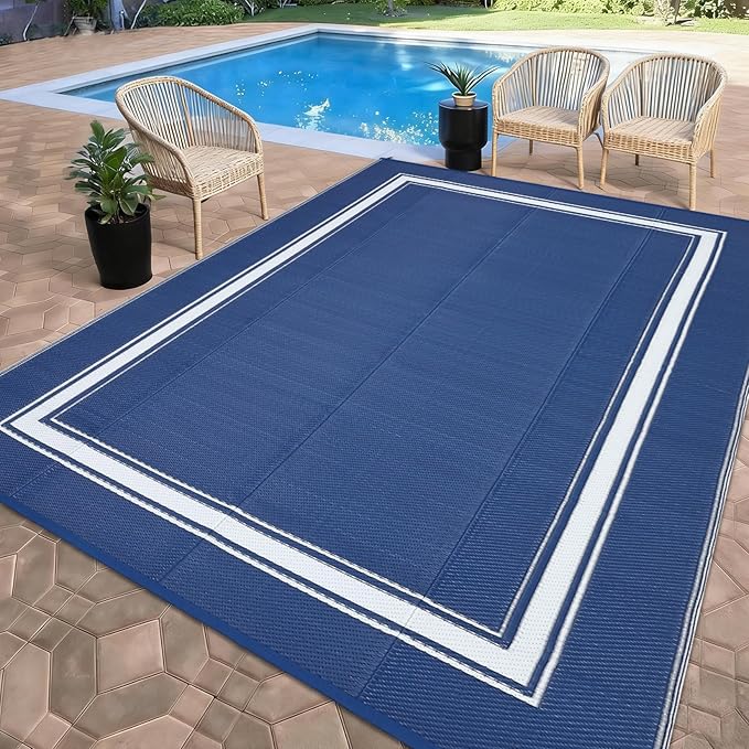 Outdoor Rugs 8x10 for Patio Waterproof Floor Mats Modern Bordered Plastic Straw Large Area Rugs Lightweight Reversible Mat Carpet for RV Backyard Balcony Porch Blue/White