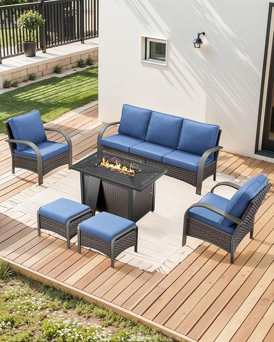 HUMMUH Outdoor Patio Furniture Set with Fire Pit-PE Wicker Patio Chairs Set of 2 with Rattan Sofa Patio Conversation Set for Deck Porch Garden Poolside Backyard-Brown/Blue