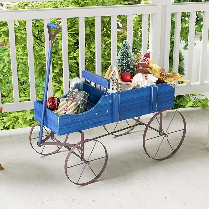 HAPPYGRILL Wooden Wagon Planter, 24.5” x 13.5” x 24” Decorative Garden Planter w/ 2 Planting Sections, Wheels, Handle, Small Decorated Cart, Flower Planter Box for Indoor Outdoor Festival Patio (Blue)