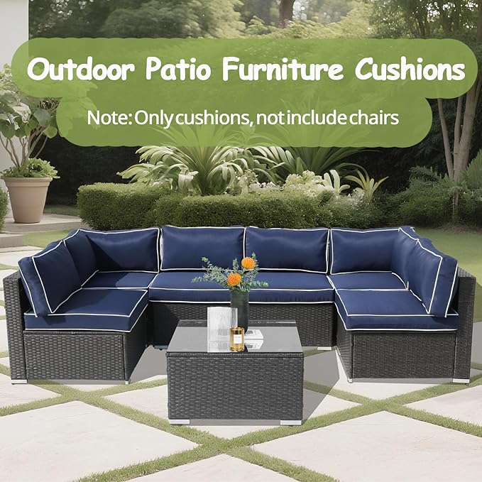 14Piece Outdoor Sofa Cushion Replacement, Patio Furniture Waterproof Cushion with Zippers, fit 6-Seat Outdoor Wicker Rattan Sectional Couch (Dark Blue and White, 24.8"x24.8"x3.15")