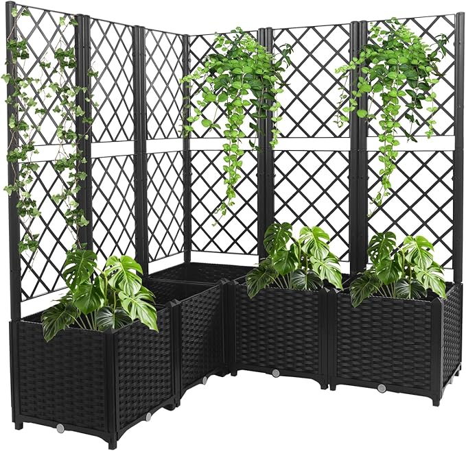 5PCS Raised Garden Bed with Treliis, Freestanding Garden Planter, Detachable Outdoor Planter Box, Vertical Garden Beds with Water Storage Mechanism for Climbing Growing, Backyard (Black)
