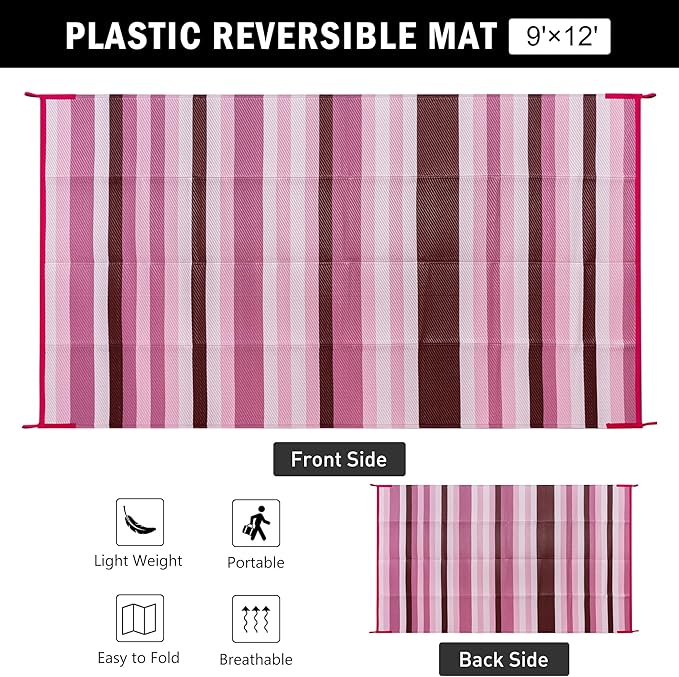 HUGEAR Outdoor Waterproof Rug 9'x12' Plastic Straw Rugs Washable Reversible Floor Mat Pink Stripe Carpet for Camping RV Deck Entryance Porch Picnic Balcony Beach Backyard