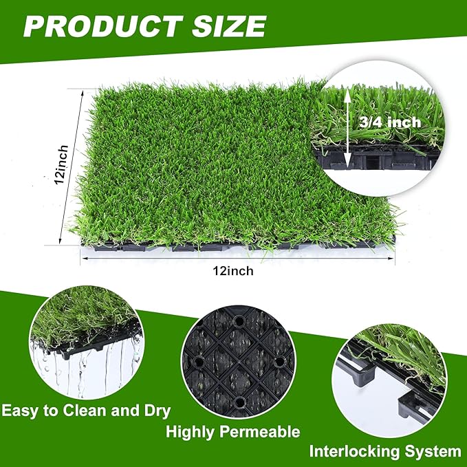 Artificial Grass Tiles Interlocking Turf Squares Deck 27 Pack -12"x12" Indoor Outdoor Faux Grass Rug with Drainage Holes-Fake Grass Tiles Self-draining for Garden Lawn Landscape Balcony Decoration
