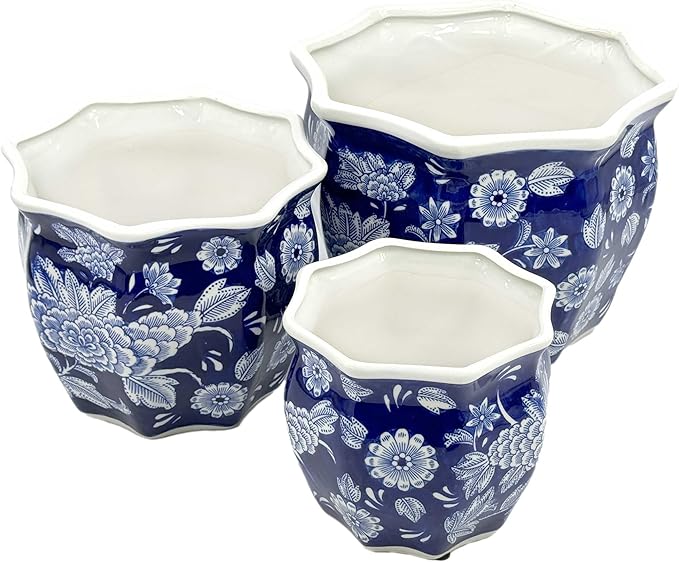 Galt International Dark Blue & White Round Fluted Floral Porcelain Ceramic Plant Flower Planter Pot Set of 3 (7.5", 10", 13") Garden Pots Chinese Asian Design