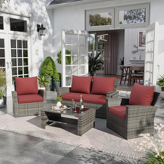 UDPATIO Outdoor Cushions for Patio Furniture, 4'' Replacement Cushions for Outdoor Furniture, 4 Seat Water-Resistant Outdoor Sectional for Sofa Couch Chair(Burgundy)