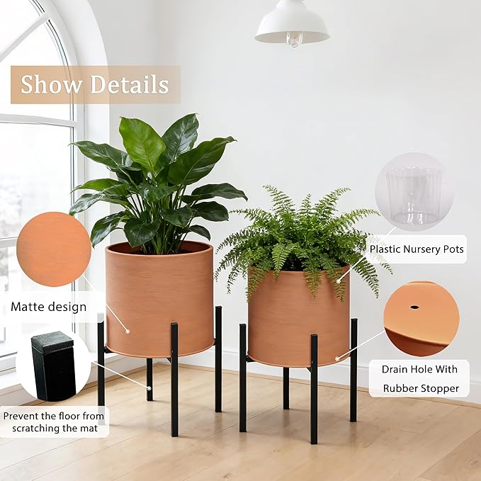 ARNIS Modern Plant Pots, Large Planters with Stand, Set of 2 Decorative Planters, Metal Pots with Drainage Holes for Living Room, Office, Garden or Balcony, 10.5 &12.25 Inch, Terracotta
