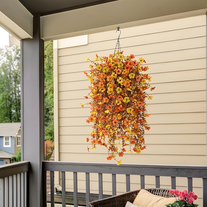 Fall Artificial Fake Mums Hanging Flowers Plants Basket for Outdoor Autumn Decoration, Fake Silk Orange Planters UV Resistant Look Real for Home Patio Balcony Yard Porch Decor(Yellow Orange)