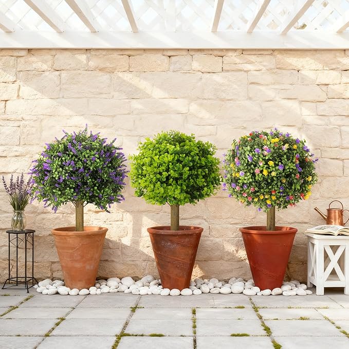 Set of 2 Artificial Boxwood Topiary Ball Bush for Outdoor with Spike,UV Resistant Faux Boxwood Ball Tree with Stake,Weatherproof Fake Round Topiary Shrub Plant for Front Porch Planter