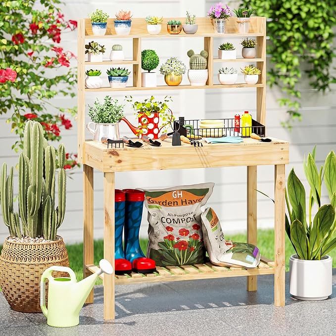 Giantex Potting Bench, Outside Solid Wood Potting Table with Flip-up Tabletop, Shelves, Indoor Outdoor Wooden Workbench for Patio Porch Balcony, Potted Plant Display Rack, 42"x18"x60", Natural
