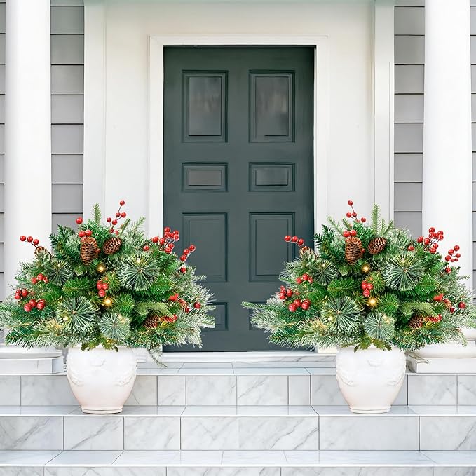 2 Pack Lighted Artificial Christmas Urn Filler,Pre-Lit 50 LED Outdoor/Indoor Trees with 8 Modes & Auto Timer,Battery Operated Christmas Trees Porch Decorations for Home, Porch & Yard (18 Inches)