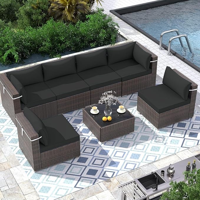 Outdoor Sectional Cushions Replacement Set, 26x26in Patio Furniture Cushions, 14 Pieces Waterproof Outdoor Couch Cushion for 6 Seat Wicker Conversation (Dark Gray)