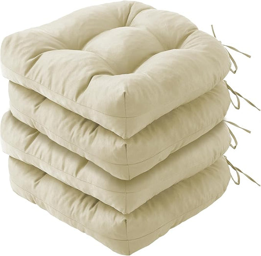 Outdoor Chair Cushions Set of 4, Patio Chair Cushions with Ties, 19x19+5” Tufted Outdoor Seat Cushions, Waterproof Patio Furniture Cushions, Outdoor Dining Chair Pads, Beige