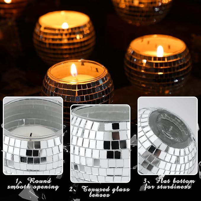 Maxcheck 24 Pcs Disco Ball Candle Holders Bulk Wedding Decoration Disco Ball Centerpieces Includes 12 Votive Mosaic Glass Tea Light Holders and 12 Tea Light Candles for Activity Party