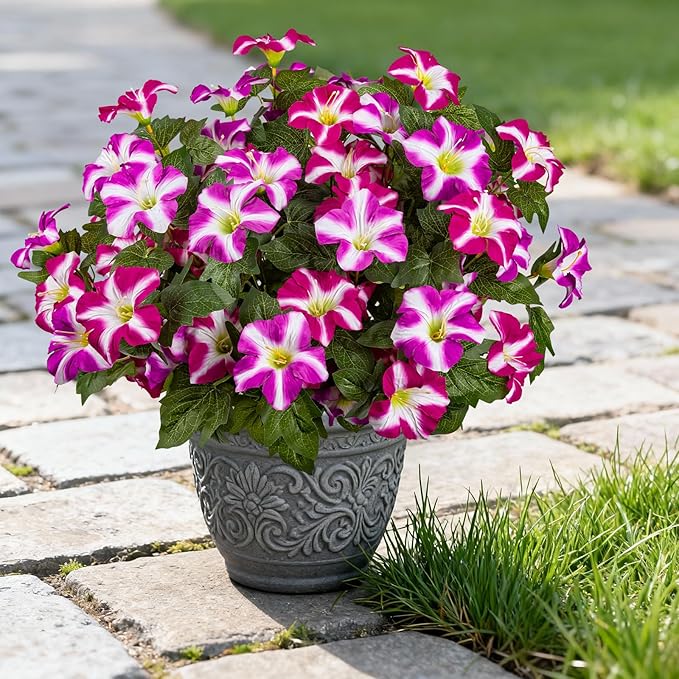 19 Inch Artificial Fake Flowers for Outdoor,4 Pcs Faux Silk Petunias Spring Flowers for Outside for Indoor Porch Planter Front Door Garden Patio Window Box Home Decor(Double Red Lotus)