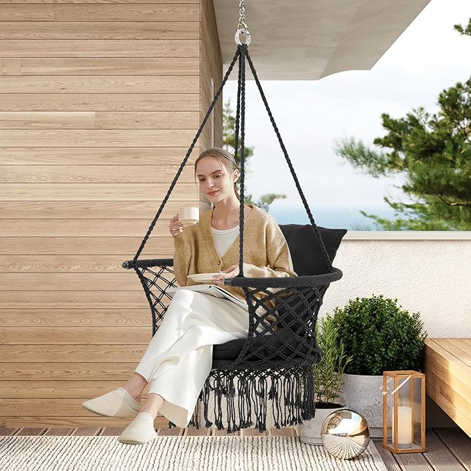Athena Collection Hammock Swing Chair with Cushion, Outdoor Macrame Chair with Mounting Hardware, Max 350 Lbs, Large Cotton Rope Hanging Chair for Outdoor Indoor Porch Garden, Black