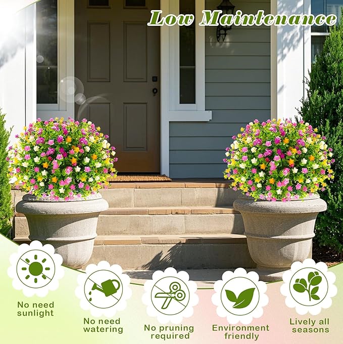 Yunlly 2 Pcs Outdoor Artificial Topiary Ball Trees 22" with Colorful Flowers, Boxwood Fake Bushes Shrubs with Spike, UV Resistant Evergreen Plants for Front Porch Garden Decor (Mix Color)