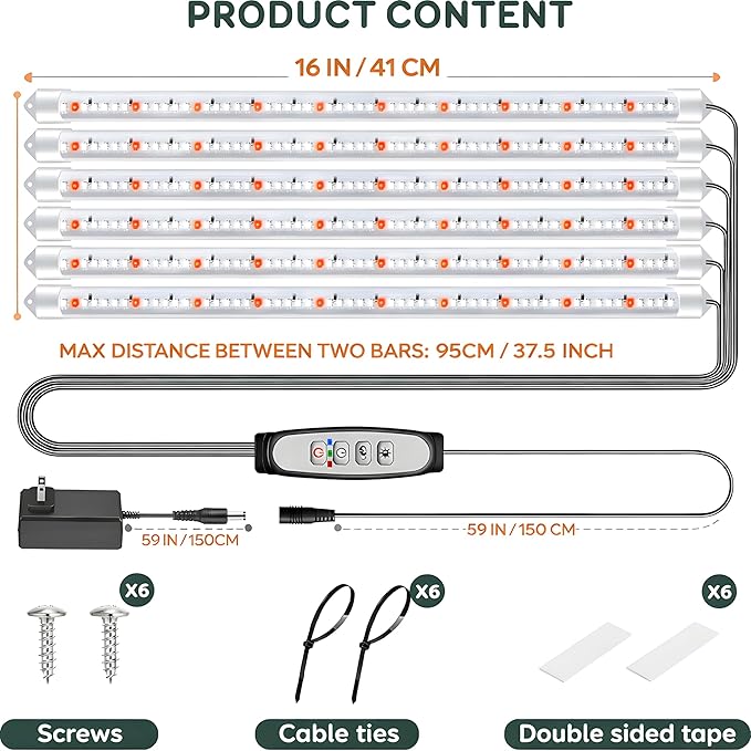 16'' 6 Bars Grow Light Strips for Indoor Plants with Auto ON/Off Timer 6/12/18H, 5 Dimmable Levels for Shelves Plant Growing(Pack 1)