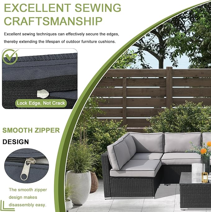 14Piece Outdoor Sofa Cushion Replacement, Patio Furniture Waterproof Cushion with Zippers, fit 6-Seat Outdoor Wicker Rattan Sectional Couch (Light Gray and Black, 24.8"x24.8"x3.15")