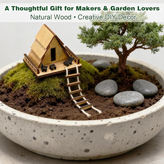 Mini Wooden Treehouse with Ladder - Plant Mini Treehouse, Miniature Flower Pot A-Frame Tree House, Fairy Garden House, Rustic Log Cabin Desktop Ornament