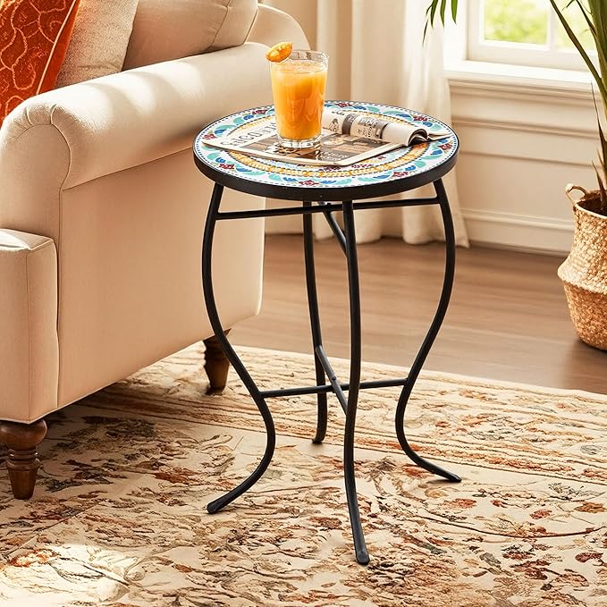 Side Table Outdoor, Mosaic Patio Table Plant Stand, 22" H Iron Coffee End Table,Weather Resistant Tile Top Metal Drink Bar Table for Indoor Garden Balcony Yard Bistro Balcony