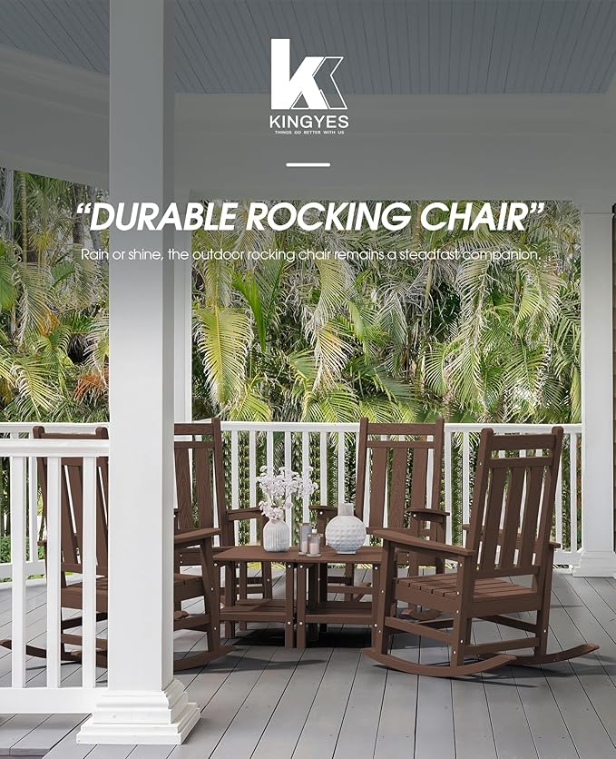 KINGYES Outdoor Rocking Chair, All-Weather Patio Rocking Chairs for Porch, HDPE Rocking Outdoor Chairs with High Back for Adult, Heavy Duty Outdoor Patio Rockers for Garden, Lawn, Coffee