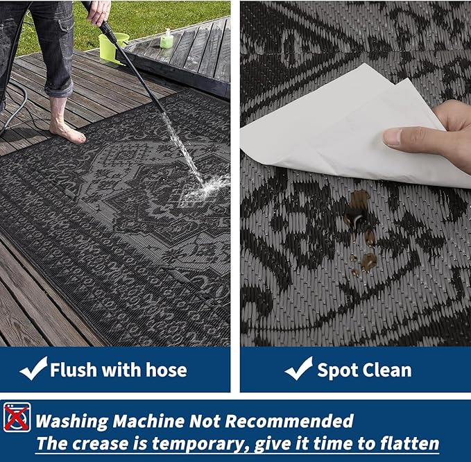 COZYLOOM Outdoor Patio Rug 9x18 Waterproof Reversible Plastic Straw Mat, Large Indoor Outdoor Rugs Vintage Medallion Area Rug for Deck, Balcony, Pool, Camping, Beach, Picnic, Porch, RV