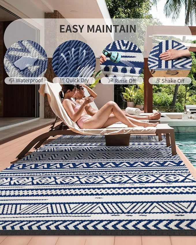 MontVoo Outdoor Rug 8x10 Waterproof Outdoor Patio Rug Mat Reverisble Plastic Straw Outdoor Rug for RV Camping Picnic Beach Balcony Boho Navy Blue