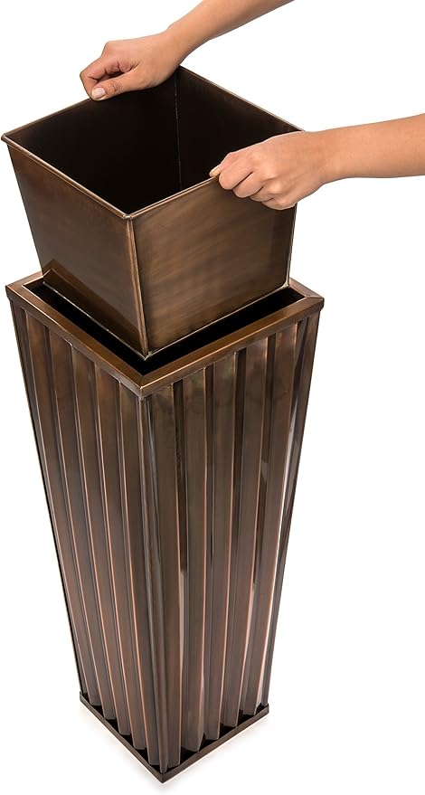 H Potter Tall Ribbed Copper Planter Indoor Outdoor – 29 Inch Antique Copper Stainless Steel Floor Planter with Insert & Drainage – Decorative Entryway Patio Porch Planter