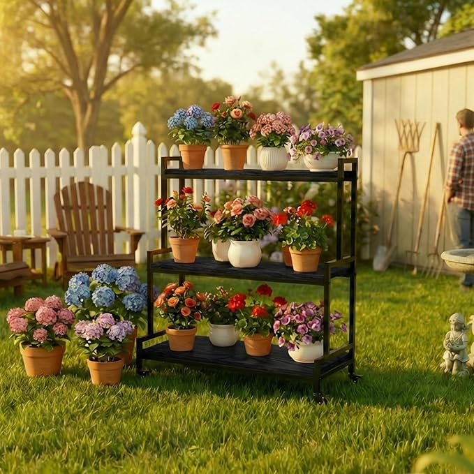 Flower Cart Display Stand with Wheels - Solid Wooden Plant Stand Shelf Outdoor - 3 Tier Patio Rolling Flower Stand - Ladder Folwer Holder Stand 37''x31'' for Florist, Garden, Wedding, Living Room, Black