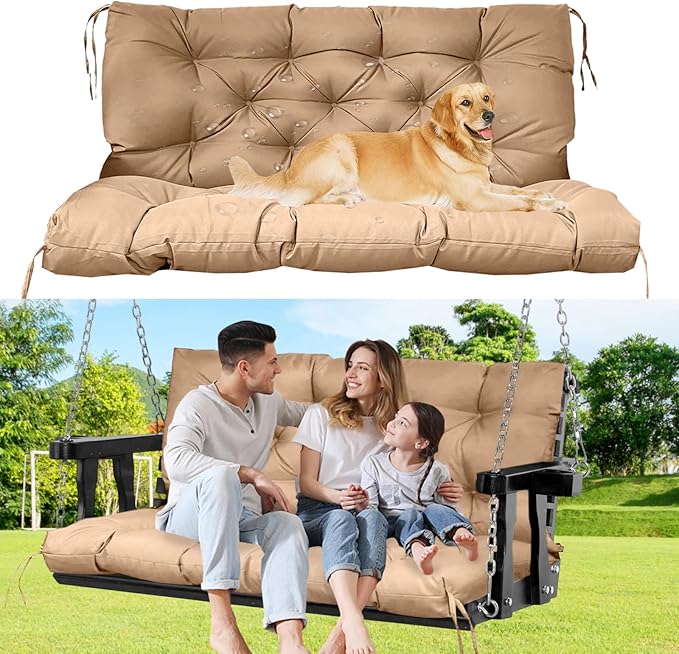 60" Porch Swing Cushion with Backrest, Waterproof Outdoor Bench Swing Cushions 3 Seater Replacement Thickened Swing Cushions with Ties for Patio Garden Backyard,Khaki,60x40in
