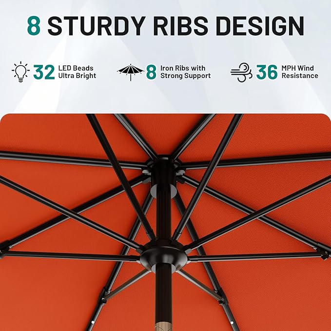 AreShark 9FT Patio Umbrella with Solar Lights, 32 LED Lighted Pool Umbrella w/Tilt and Crank, Outdoor Market Solar Umbrellas for Garden, Deck, Backyard, Pool and Beach, Orange