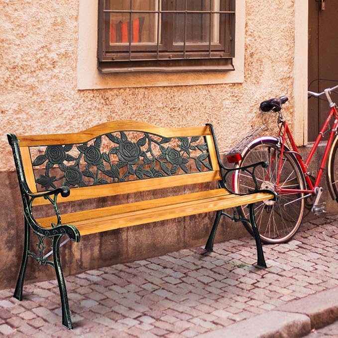 S AFSTAR Outdoor Garden Bench, Patio Bench with Large Rose Cast Backrest & Comfort Wood Seat, 470 LBS Load Capacity, Weather Proof, Durable, Easy to Assemble