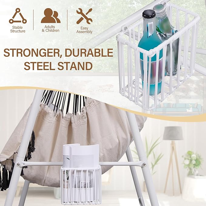 Hammock Chair Hanging Rope Swing & Stand Set with Two Holders, Heavy Duty Hanging Stand with Three Hooks, Multi-Use for Indoor Outdoor Patio Yard Garden(White & Khaki)