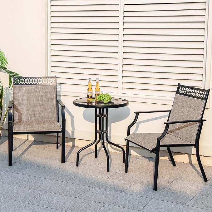 Giantex Patio Chairs Set of 2, Outdoor Chairs with All Weather Fabric, High Backrest, Armrests, Heavy Duty Metal Armchair, Outside Dining Chairs for Porch Lawn Garden Yard Pool (Light Brown & Black)