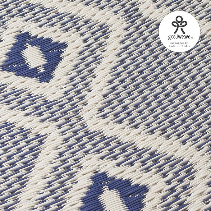 Fab Habitat Outdoor Rug - Waterproof, Fade Resistant, Crease-Free - Premium Recycled Plastic - Boho Geometric Diamond - Patio, Deck, Porch, Balcony, Laundry Room - Rabat - Blue & Cream - 4 x 6 ft
